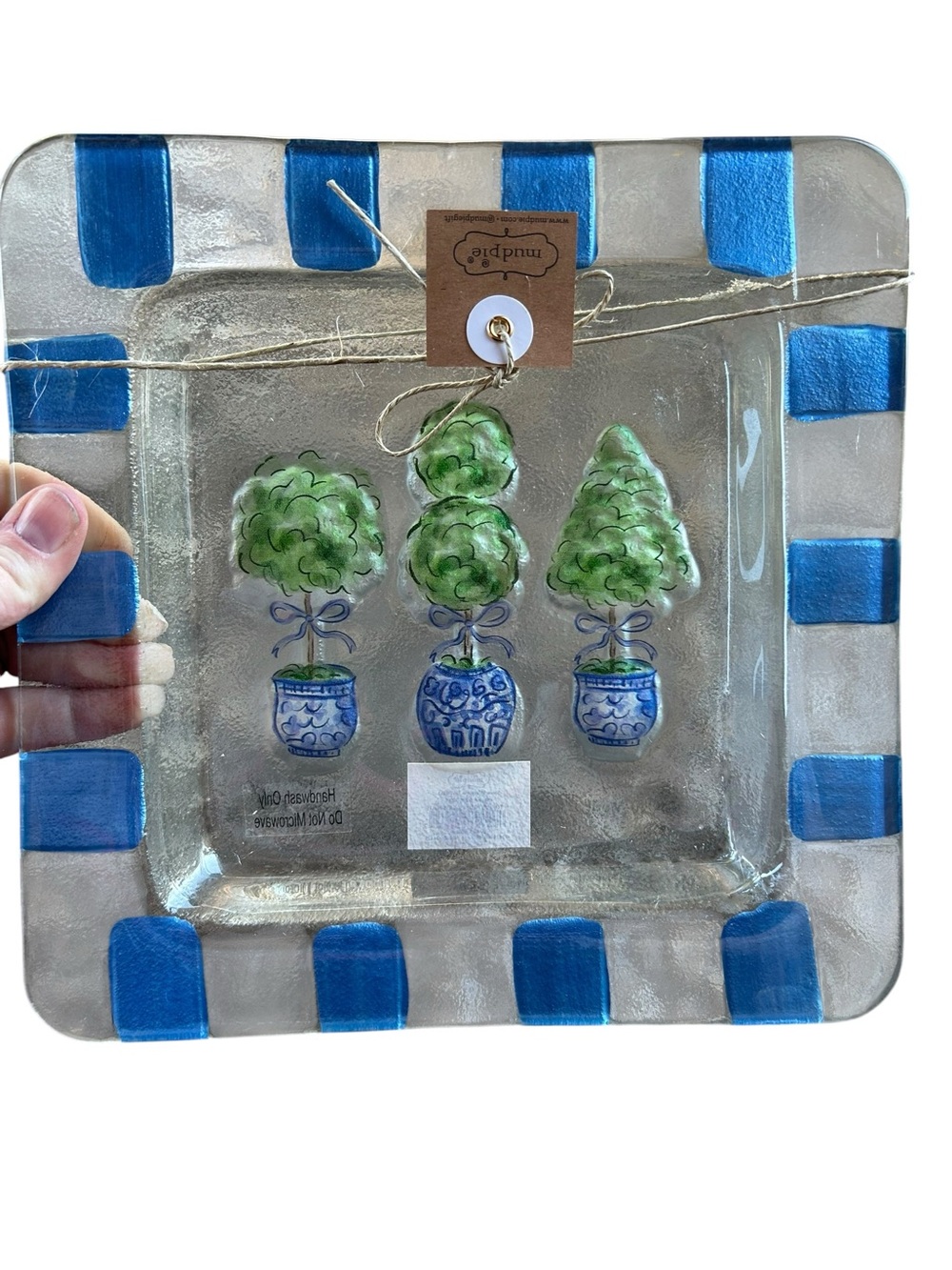 Mud‎ Pie Topiary Glass Plate NWT Blue Green Square 9”x9”